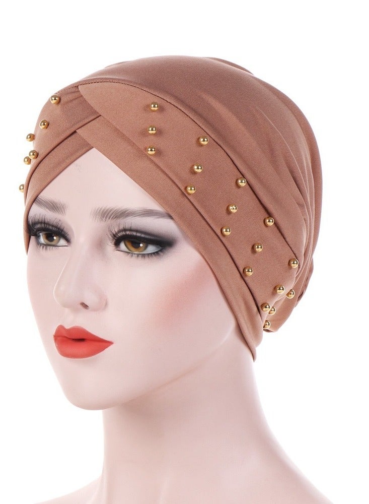 Women Beads Elastic Turban Hat Muslim Hijab Head Wrap,Khaki 