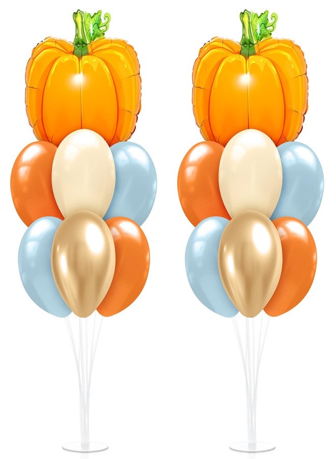 Seematn 2 Set Fall Balloon, Pumpkin Foil Balloons Stand Kit for Table Centerpiece for Baby Shower Thanksgiving Mid Autumn Birthday Wedding Party Decoration Beige, Gold, Burnt Orange, Blue - Image 1