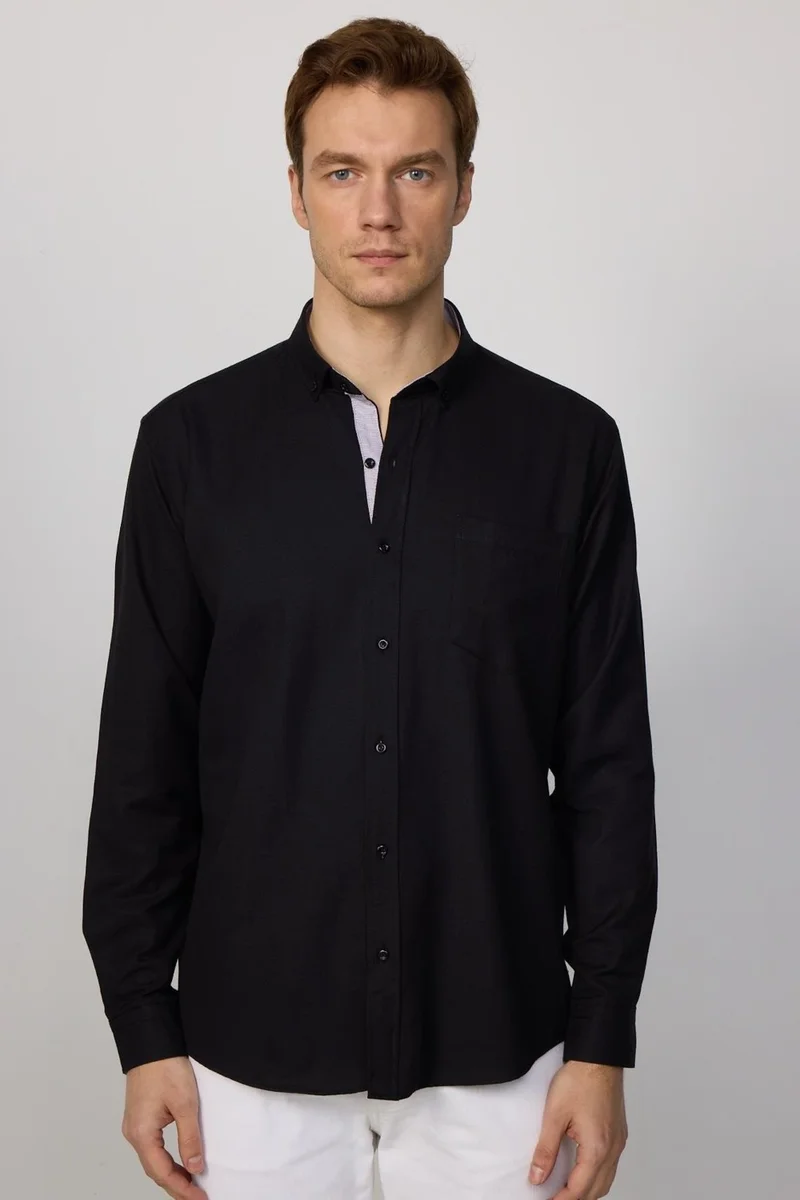 تودورس Classic Fit Button Collar Cotton Easy Iron Oxford Plain Black Men's Shirt