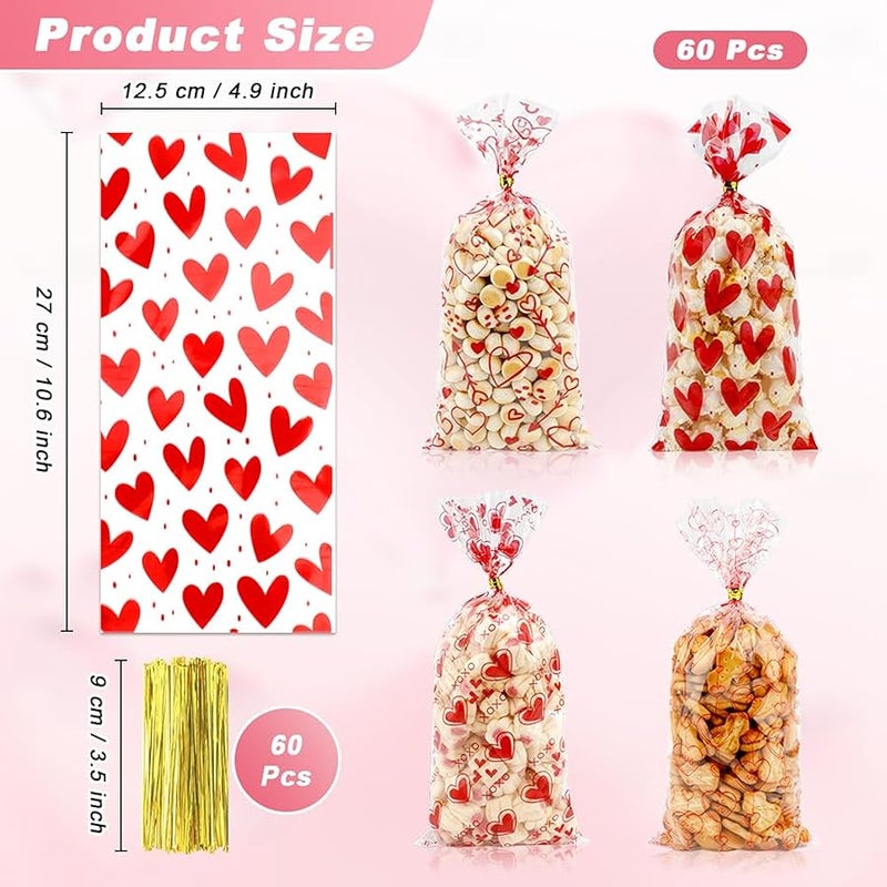 ChicQuench Valentine Treat Bags, Valentine Cellophane Treat Bags, Valentines Gift Bag, 60 PCS Plastic Valentines Candy Cookie Goodie Bag with Twist Ties for Valentines Day Wedding Party Favor Supplies - Image 2