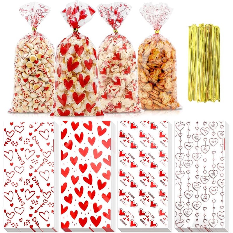 ChicQuench Valentine Treat Bags, Valentine Cellophane Treat Bags, Valentines Gift Bag, 60 PCS Plastic Valentines Candy Cookie Goodie Bag with Twist Ties for Valentines Day Wedding Party Favor Supplies - Image 1