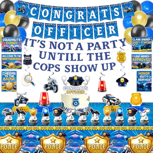Mpanwen Police Party Decorations Police Academy Graduation Themed Party Decor Supplies Banner Balloons Cake Toppers Tablecloth Centerpieces Hanging Swirls Wall Signs - Image 1