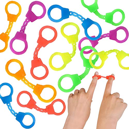 ArtCreativity Mini Stretch Finger Cuffs for Kids Pack of 144 Rubber Hand Cuffs for Fingers Police Theme Party Supplies Neon Party Favors Goodie Bag and Pinata Fillers Assorted Vibrant Colors - Image 1