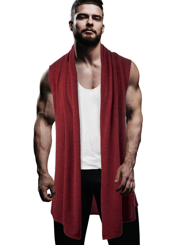 GIVON Men's Lightweight Ruffle Shawl Collar Sleeveless Vest Cardigan with Long Drape Cape / DCC231-RED-S - Image 1