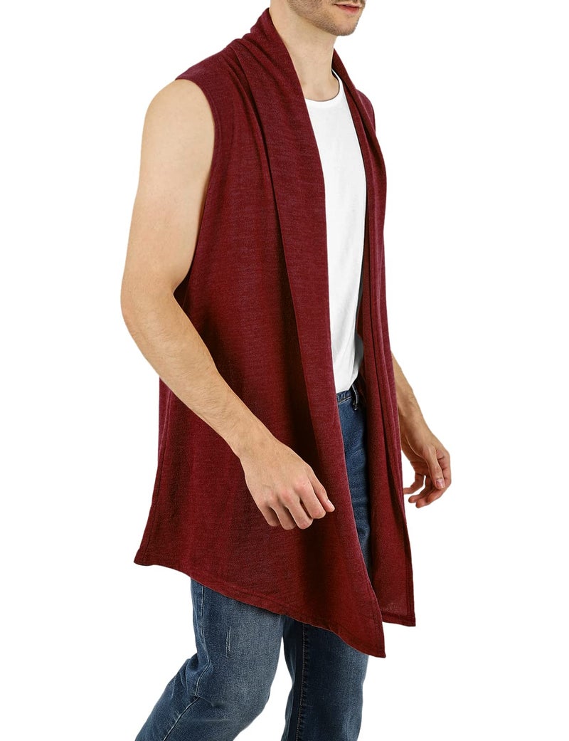 GIVON Men's Lightweight Ruffle Shawl Collar Sleeveless Vest Cardigan with Long Drape Cape / DCC231-RED-S - Image 2