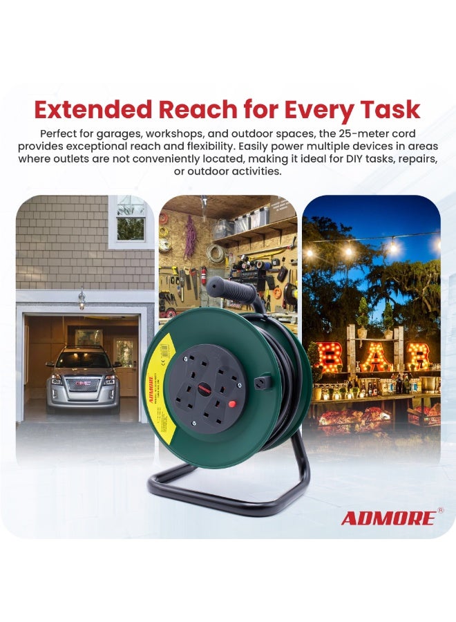 ADMORE 25M Heavy Duty Extension Reel – 4 Way Outdoor Cable Drum – Retractable Power Cord 25 Meter with Thermal Cut-Out – 13A UK Sockets for Garden & Industrial Use (Dark Green, ESMA Approved) - Image 3