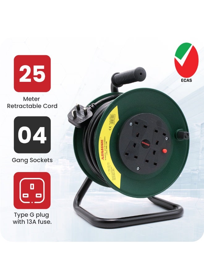 ADMORE 25M Heavy Duty Extension Reel – 4 Way Outdoor Cable Drum – Retractable Power Cord 25 Meter with Thermal Cut-Out – 13A UK Sockets for Garden & Industrial Use (Dark Green, ESMA Approved) - Image 2