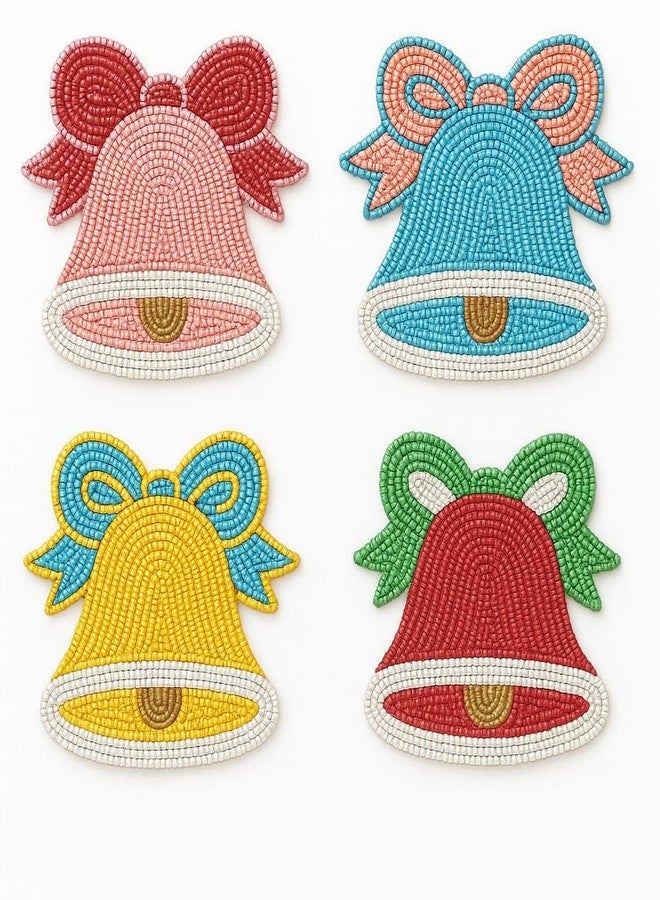 Folkulture Coasters Set of 4 | Beaded Handmade Boho Bell Design Drink Coasters for Coffee Table Décor | Cute Coasters for Housewarming Gift for Her - Image 1