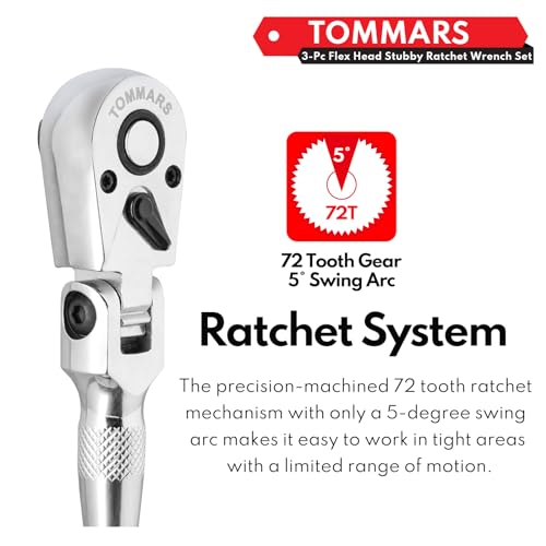 TOMMARS Flex-Head Stubby Ratchet Set, 1/4", 3/8", 1/2" Drive Flexible Mini Small Ratchet Handle Wrench 72-Tooth Quick-Release Reversible Gift for Men Mechanic Hand Tools - Image 4