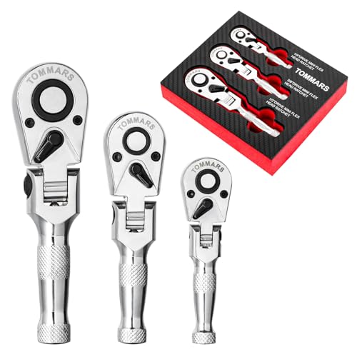 TOMMARS Flex-Head Stubby Ratchet Set, 1/4", 3/8", 1/2" Drive Flexible Mini Small Ratchet Handle Wrench 72-Tooth Quick-Release Reversible Gift for Men Mechanic Hand Tools - Image 1