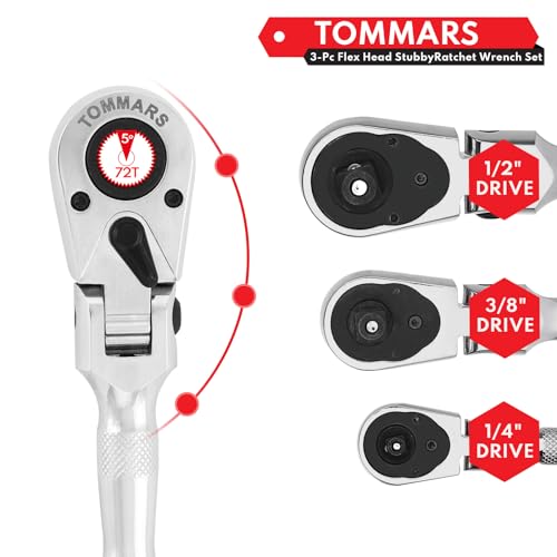 TOMMARS Flex-Head Stubby Ratchet Set, 1/4", 3/8", 1/2" Drive Flexible Mini Small Ratchet Handle Wrench 72-Tooth Quick-Release Reversible Gift for Men Mechanic Hand Tools - Image 5