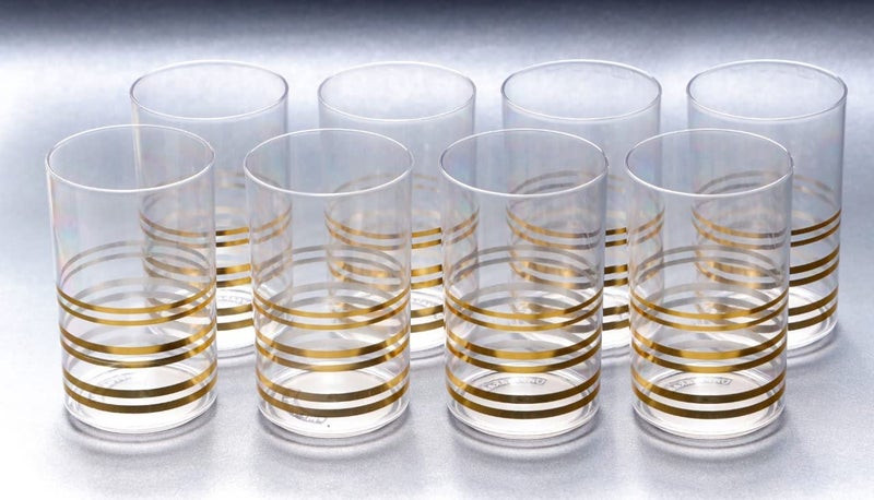 Finner 8 Pcs Plastic Gold Strip Design Unbreakable Stylish Transparent Water GlassJuice GlassBeer GlassWine Glass Plastic ABS Glass Saga Magic Glasses Set 300 ml - Image 1