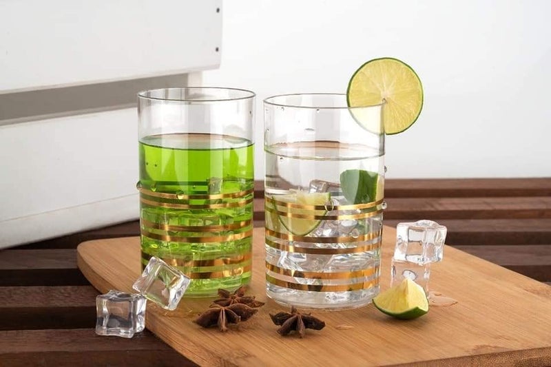 Finner 8 Pcs Plastic Gold Strip Design Unbreakable Stylish Transparent Water GlassJuice GlassBeer GlassWine Glass Plastic ABS Glass Saga Magic Glasses Set 300 ml - Image 2