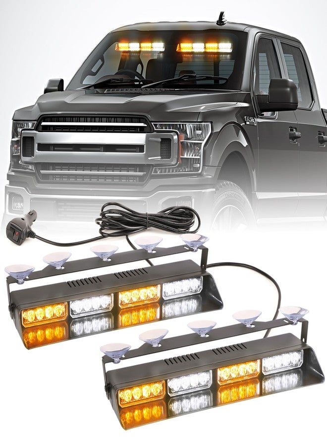 PKINGLAKE 2 in 1 LED Emergency Dash Strobe Light Bar Front/Rear Windshield Safety Flashing Warning Hazard Interior Lights for Police Firefighter Construction Vehicles Trucks (2x14 inch, Amber/White) - Image 1