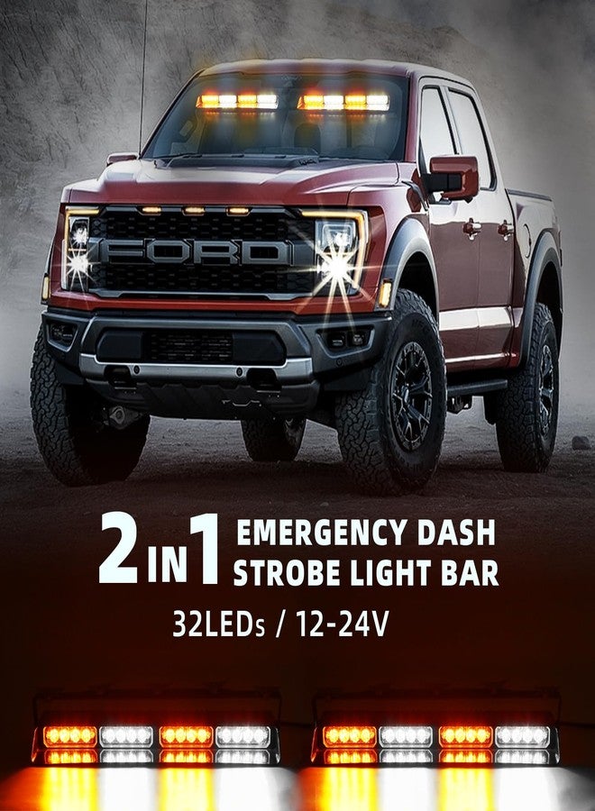 PKINGLAKE 2 in 1 LED Emergency Dash Strobe Light Bar Front/Rear Windshield Safety Flashing Warning Hazard Interior Lights for Police Firefighter Construction Vehicles Trucks (2x14 inch, Amber/White) - Image 2