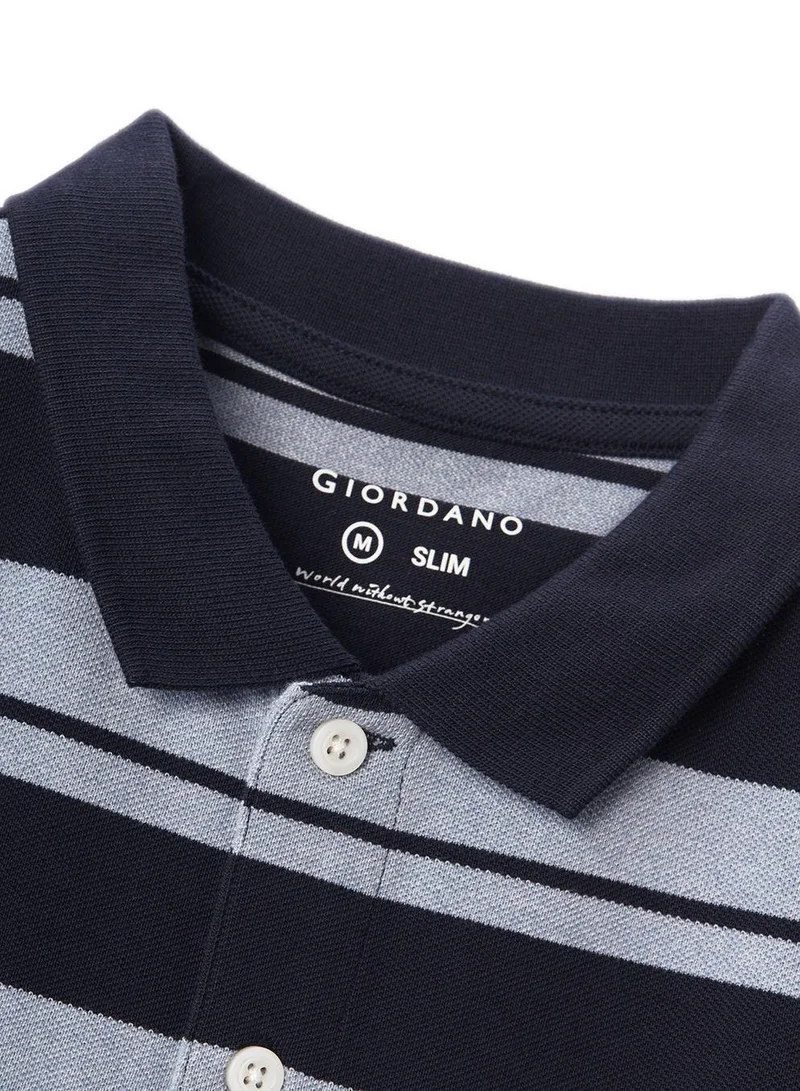 GIORDANO  Men's Slim Fit Stripe Polo - Cotton Pique, Flat Knit Collar for Men | Best Price UAE