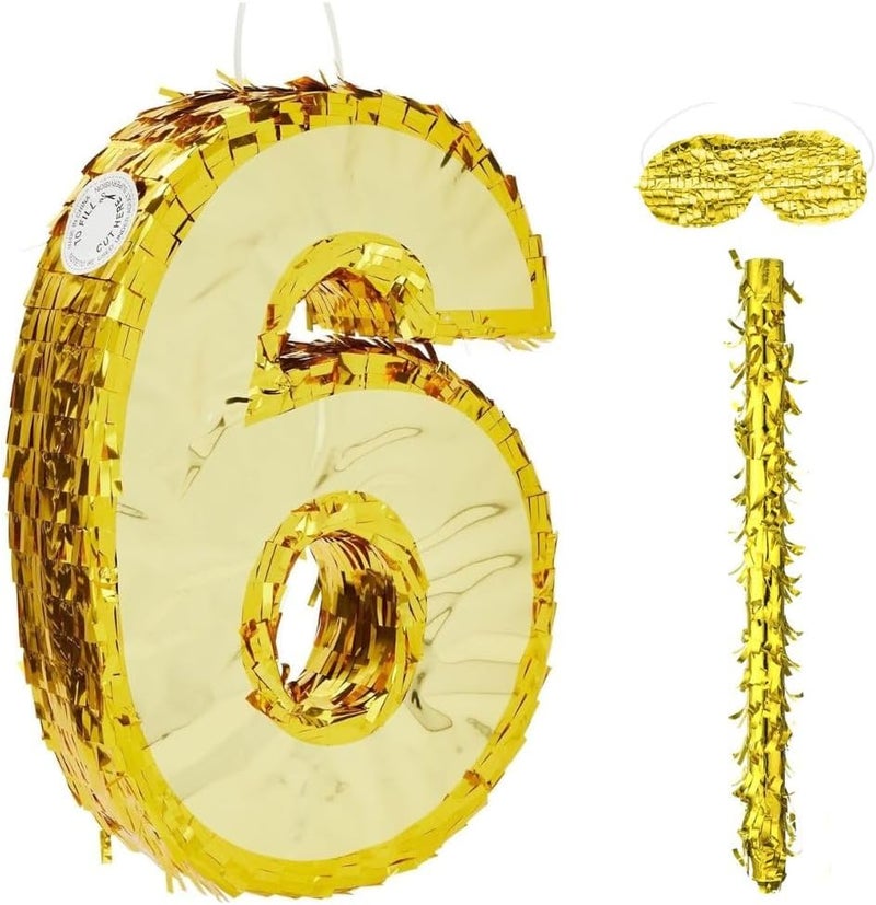 جولد إيدج زينة بينياتا عيد الميلاد بأرقام 42×30×8 سم، بينياتا من رقائق ذهبية مع عصا، معصوب العينين، قصاصات ورقية، لحفلات أعياد الميلاد للأولاد والبنات، واحتفالات الذكرى السنوية، ولوازم الحفلات (الرقم 6) - Image 2