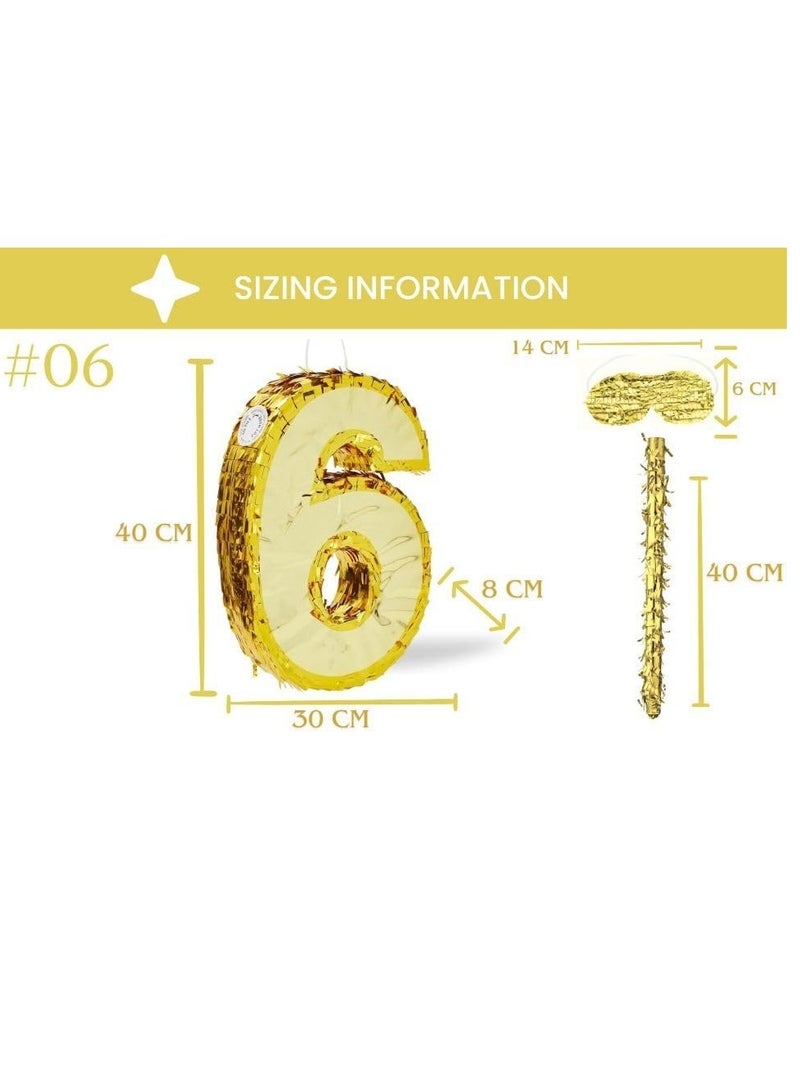 جولد إيدج زينة بينياتا عيد الميلاد بأرقام 42×30×8 سم، بينياتا من رقائق ذهبية مع عصا، معصوب العينين، قصاصات ورقية، لحفلات أعياد الميلاد للأولاد والبنات، واحتفالات الذكرى السنوية، ولوازم الحفلات (الرقم 6) - Image 3