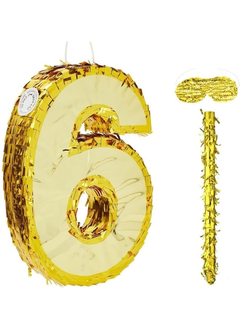 جولد إيدج زينة بينياتا عيد الميلاد بأرقام 42×30×8 سم، بينياتا من رقائق ذهبية مع عصا، معصوب العينين، قصاصات ورقية، لحفلات أعياد الميلاد للأولاد والبنات، واحتفالات الذكرى السنوية، ولوازم الحفلات (الرقم 6) - Image 1