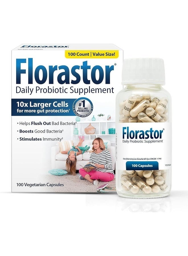 Florastor Probiotics for Digestive and Immune Health, 100 Capsules, Probiotics for Women & Men, Helps Flush Out Bad Bacteria, Boosts The Good with Our Unique Strain Saccharomyces Boulardii - Image 1