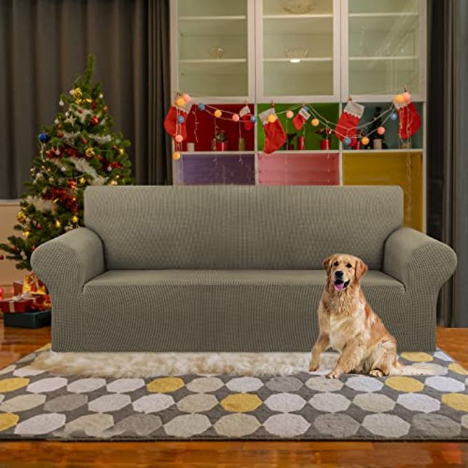 KEKUOU Stretch Sofa Cover Slipcover Couch Covers for 3 Cushion Couch Sofa pet Friendly (78"-94") Furniture Protector Sofa with Elastic Bottom for Kids,Dog, Jacquard Small Checked(Large,Khaki) - Image 5