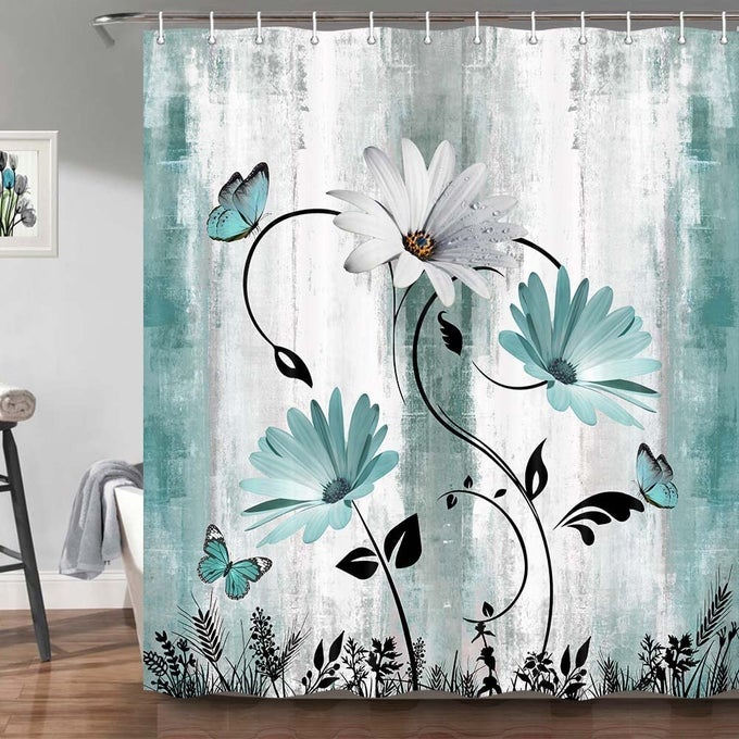 RUSTIC FARMHOUSE SHOWER CURTAIN FOR BATHROOM FARM TEAL DAISY FLORAL FLOWERS AND BUTTERFLY ON COUNTRY WOODEN BATH CURTAINS TURQUOISE BLUE FABRIC BATHROOM DECOR SET WITH HOOKS 69X70