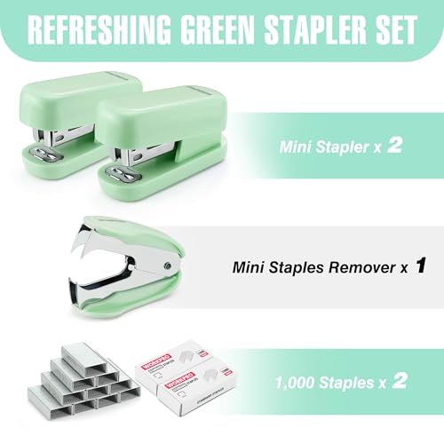 WORKPRO Small Stapler with Staples, Green Stapler Set Includes Two Mini Staplers, One Staple Remover, 2000 Standard Staples - Cute Staplers for Desk with Non-Slip Base, Lock Design, Portable - Image 2