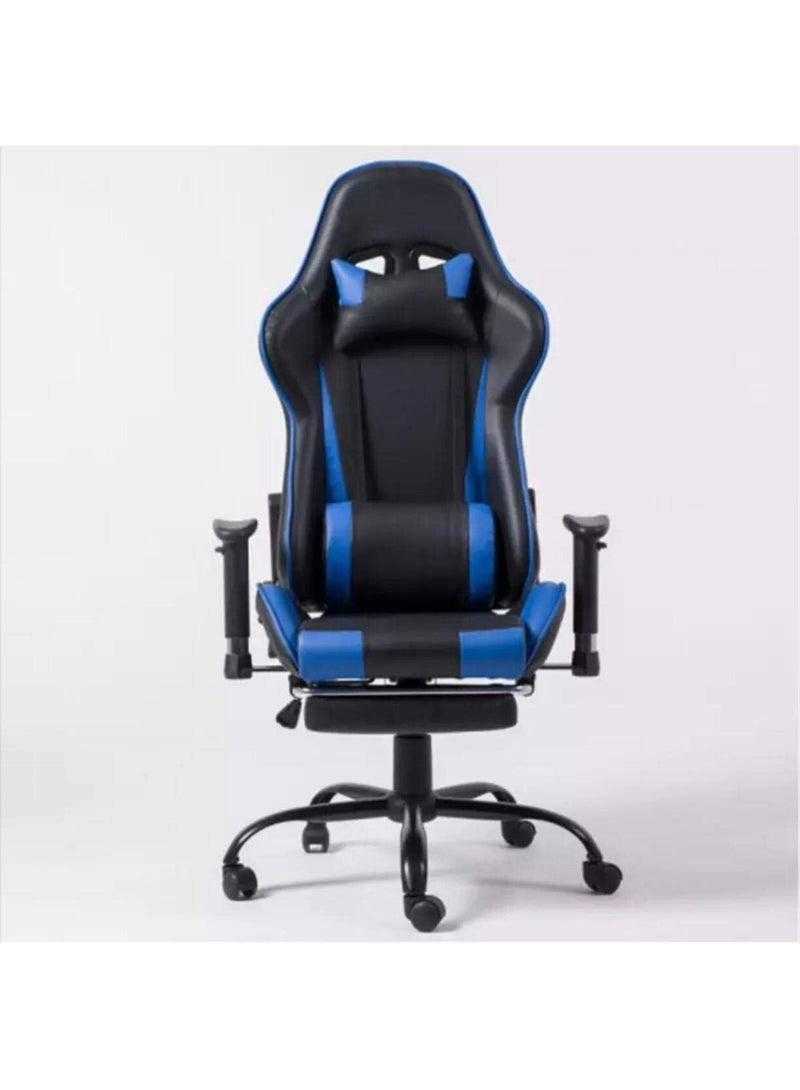 كرسي ألعاب مريح مع مسند قدم – جلد صناعي باللونين الأسود والأزرق – قابل للإمالة بظهر عالي ومسند ذراع - Image 3