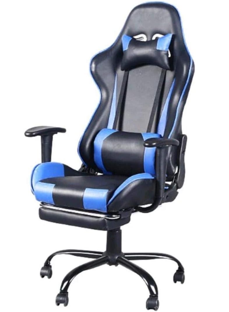 كرسي ألعاب مريح مع مسند قدم – جلد صناعي باللونين الأسود والأزرق – قابل للإمالة بظهر عالي ومسند ذراع - Image 1