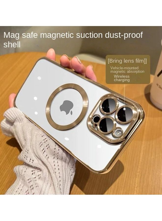 Lommyka iPhone 14 Pro Max mobile phone case electroplating dustproof magnetic mobile phone case goldenwith mobile phone lens film - Image 1