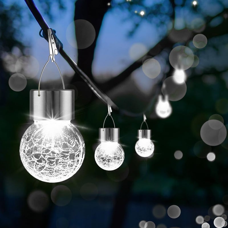 PARTPHONER 12 Pack Hanging Solar Lights Outdoor, Waterproof Solar Globe Lantern with Handle and Clip, Decorative Cracked Glass Ball Lights for Christmas Decor, Tree, Yard, Garden, Patio (Cold White) - Image 2