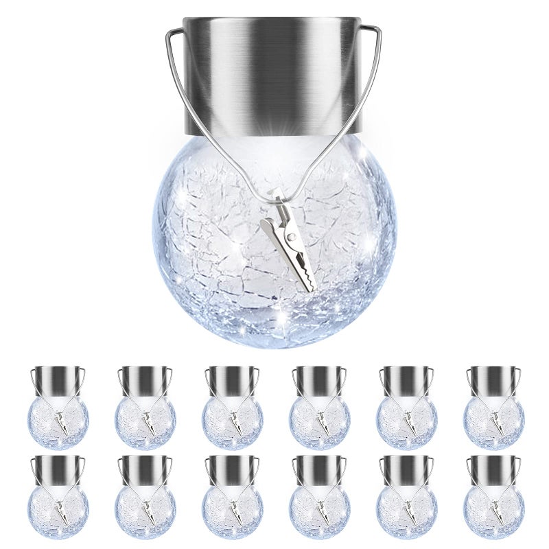 PARTPHONER 12 Pack Hanging Solar Lights Outdoor, Waterproof Solar Globe Lantern with Handle and Clip, Decorative Cracked Glass Ball Lights for Christmas Decor, Tree, Yard, Garden, Patio (Cold White) - Image 1