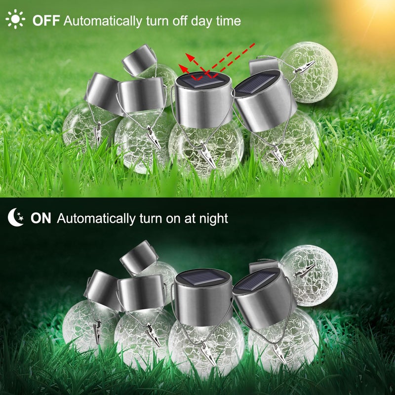 PARTPHONER 12 Pack Hanging Solar Lights Outdoor, Waterproof Solar Globe Lantern with Handle and Clip, Decorative Cracked Glass Ball Lights for Christmas Decor, Tree, Yard, Garden, Patio (Cold White) - Image 4