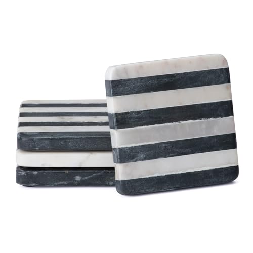 Thirstystone Marble Black & White Striped Coasters with Protective Cork Backing 4" Square Absorbent, Artistic, Elegant - Image 1