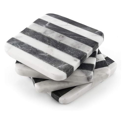 Thirstystone Marble Black & White Striped Coasters with Protective Cork Backing 4" Square Absorbent, Artistic, Elegant - Image 4