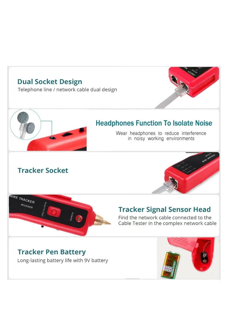 Rightsure - Multi-functional Network Cable Tester for RJ11 RJ45 with Probe Red - Image 1
