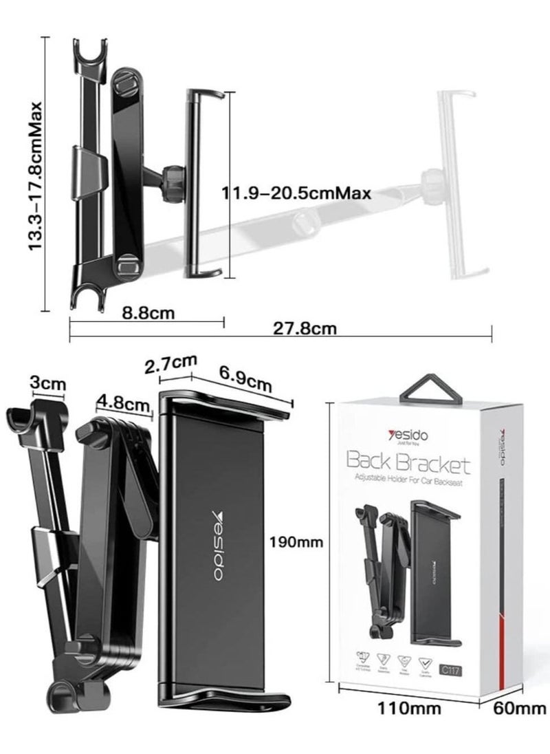 Yesido C117 Car Tablet Headrest Mount Tablet Holder For Car Seat 360 Degree Rotation Compatible With 4.7Inch To 12.9 Inch, Compatible With Tablets/Iphone 13/Ipads/Smartphones - Image 1