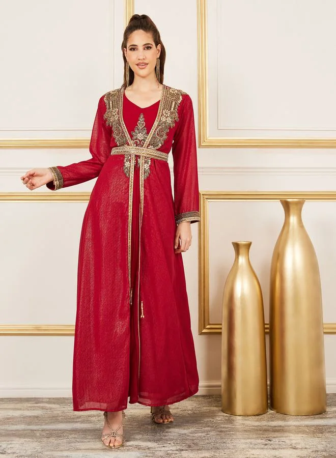 مكسيم كريشن Handwork Beaded Detail Belted Kaftan by Styli