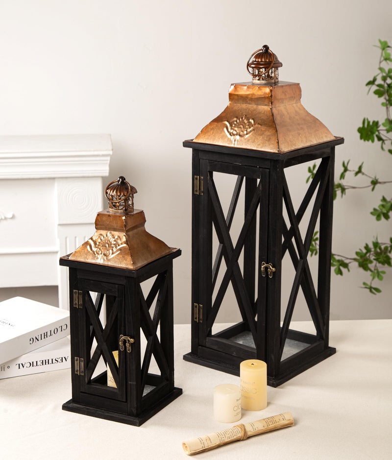 Venalys Large Farmhouse Wooden Lanterns with Metal Top, Decorative Floor Lanterns Set of 2, Black Frame with Rustic Gold Accents, Indoor/Outdoor Hurricane Lanterns for Home Decor (No Glass) - Image 1