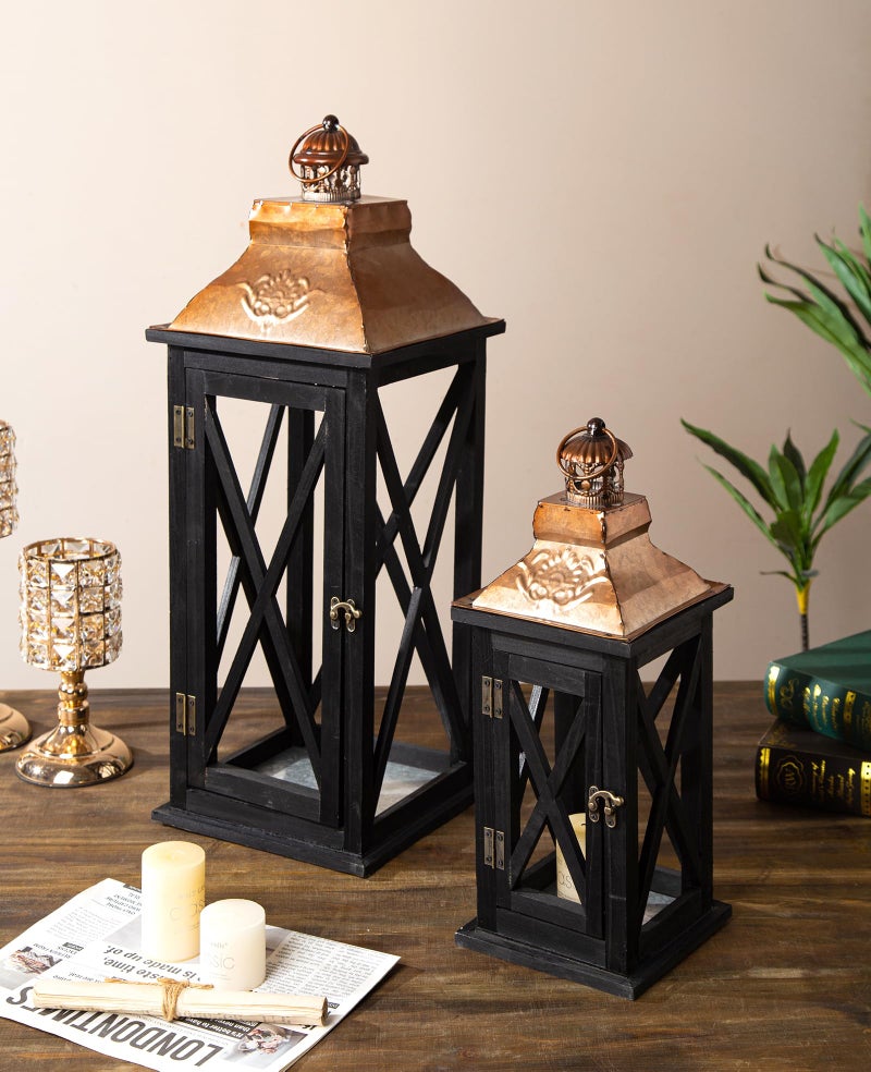 Venalys Large Farmhouse Wooden Lanterns with Metal Top, Decorative Floor Lanterns Set of 2, Black Frame with Rustic Gold Accents, Indoor/Outdoor Hurricane Lanterns for Home Decor (No Glass) - Image 2