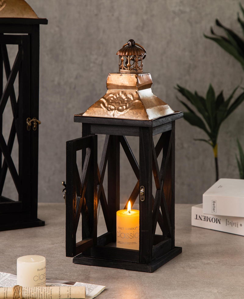 Venalys Large Farmhouse Wooden Lanterns with Metal Top, Decorative Floor Lanterns Set of 2, Black Frame with Rustic Gold Accents, Indoor/Outdoor Hurricane Lanterns for Home Decor (No Glass) - Image 4