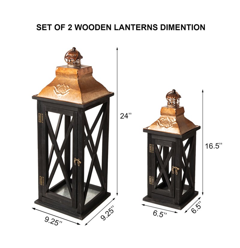 Venalys Large Farmhouse Wooden Lanterns with Metal Top, Decorative Floor Lanterns Set of 2, Black Frame with Rustic Gold Accents, Indoor/Outdoor Hurricane Lanterns for Home Decor (No Glass) - Image 3