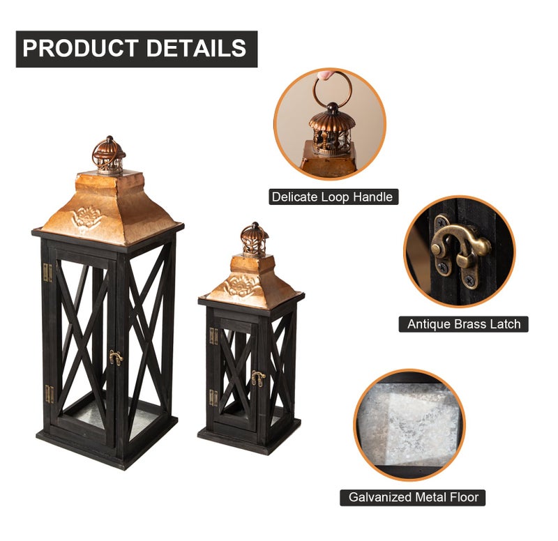 Venalys Large Farmhouse Wooden Lanterns with Metal Top, Decorative Floor Lanterns Set of 2, Black Frame with Rustic Gold Accents, Indoor/Outdoor Hurricane Lanterns for Home Decor (No Glass) - Image 5