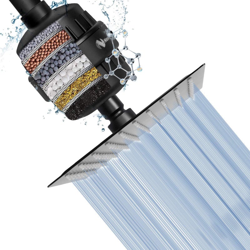 NearMoon Square Shower Head and 15 Stage Shower Filter Combo High Pressure Filtered Head for Hard Water Improves the Condition of Your Skin Hair Matte Black