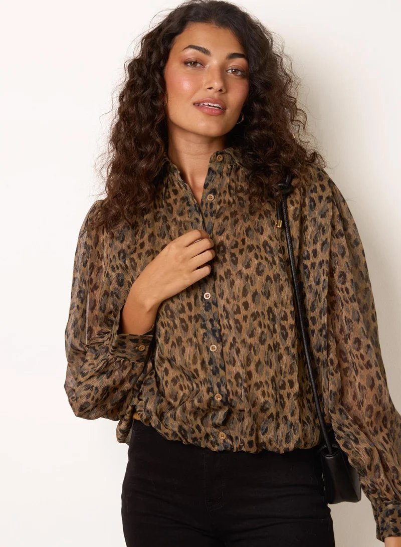 بلو فانيلا Leopard Mesh Puff Ball Shirt