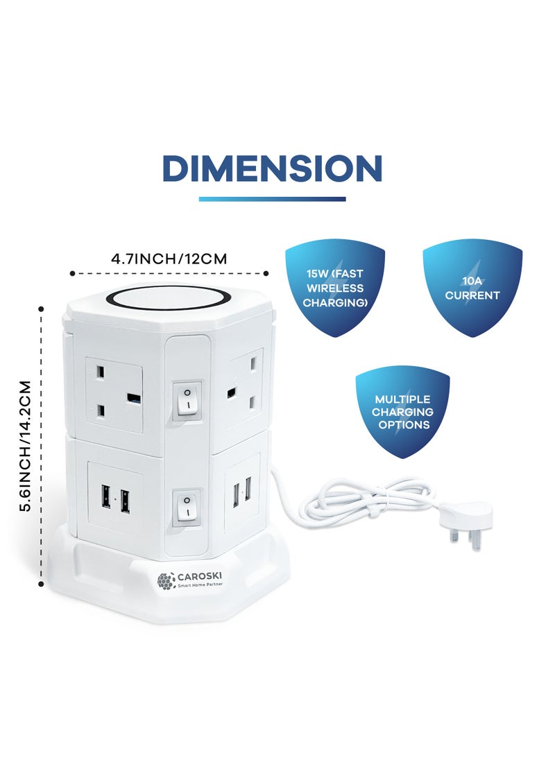 CAROSKI - CAROSKI Tower Extension Cord 6 Power Socket 13 Ampere with 4 USB Charger Station Wireless Extension Tower is Fire Retardant Multi-Plug Office Supplies Protected Extension Cable - Image 1