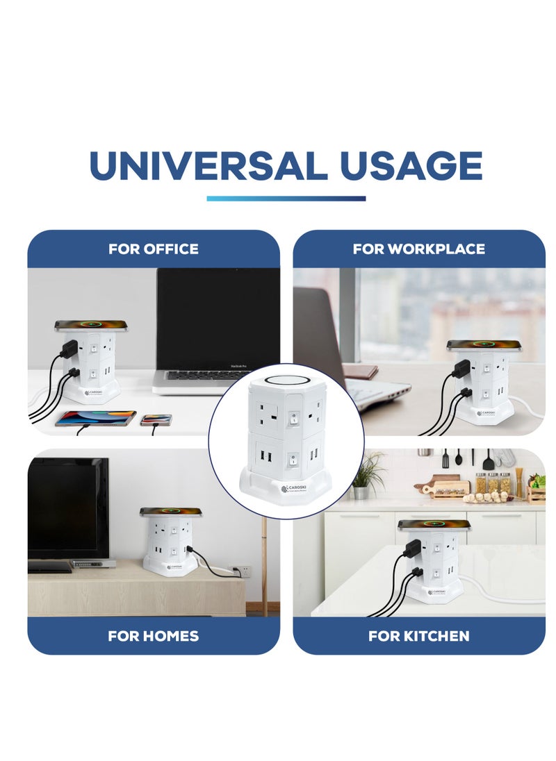 CAROSKI - CAROSKI Tower Extension Cord 6 Power Socket 13 Ampere with 4 USB Charger Station Wireless Extension Tower is Fire Retardant Multi-Plug Office Supplies Protected Extension Cable - Image 1