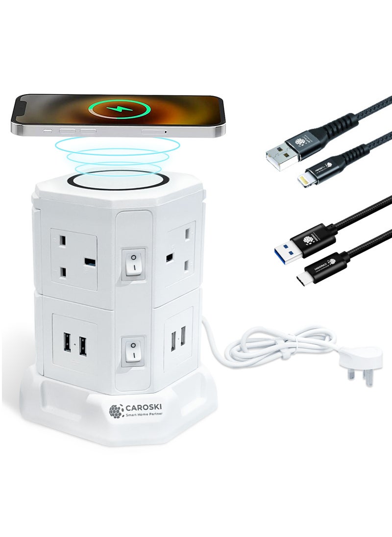 CAROSKI - CAROSKI Tower Extension Cord 6 Power Socket 13 Ampere with 4 USB Charger Station Wireless Extension Tower is Fire Retardant Multi-Plug Office Supplies Protected Extension Cable - Image 1