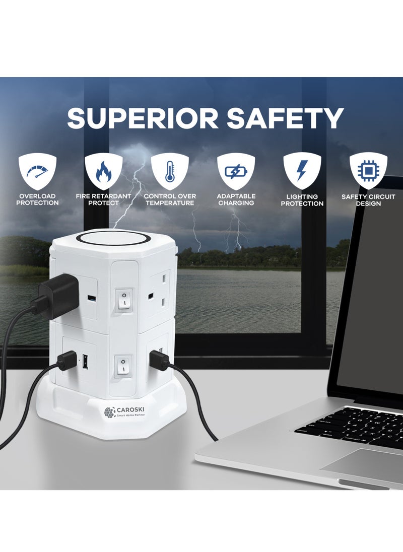 CAROSKI - CAROSKI Tower Extension Cord 6 Power Socket 13 Ampere with 4 USB Charger Station Wireless Extension Tower is Fire Retardant Multi-Plug Office Supplies Protected Extension Cable - Image 1