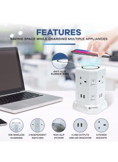 CAROSKI CAROSKI Tower Extension Cord 6 Power Socket 13 Ampere with 4 USB Charger Station Wireless Extension Tower is Fire Retardant Multi-Plug Office Supplies Protected Extension Cable  - Image 4